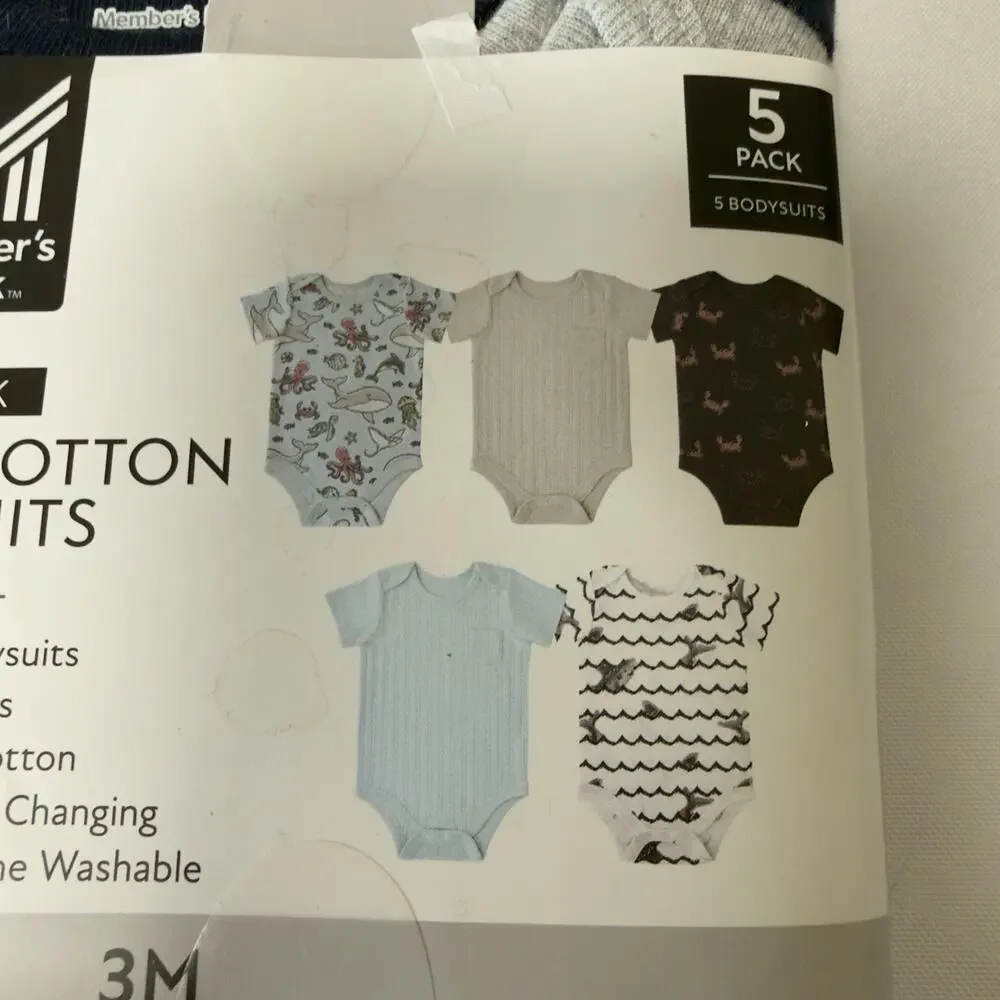 Member's Mark Baby 5-Pack Soft Organic Cotton Bodysuit 3 Months Blue Ocean